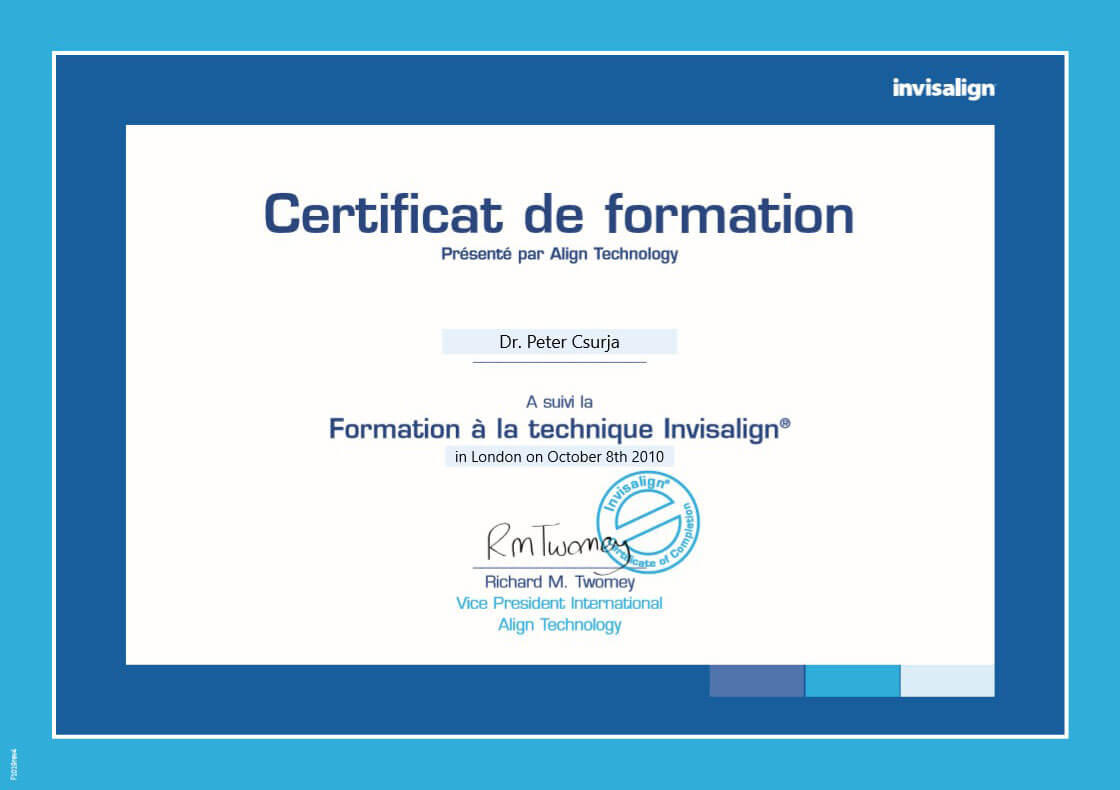 Invisalign Certificat de formation - Dr. Peter CSURJA