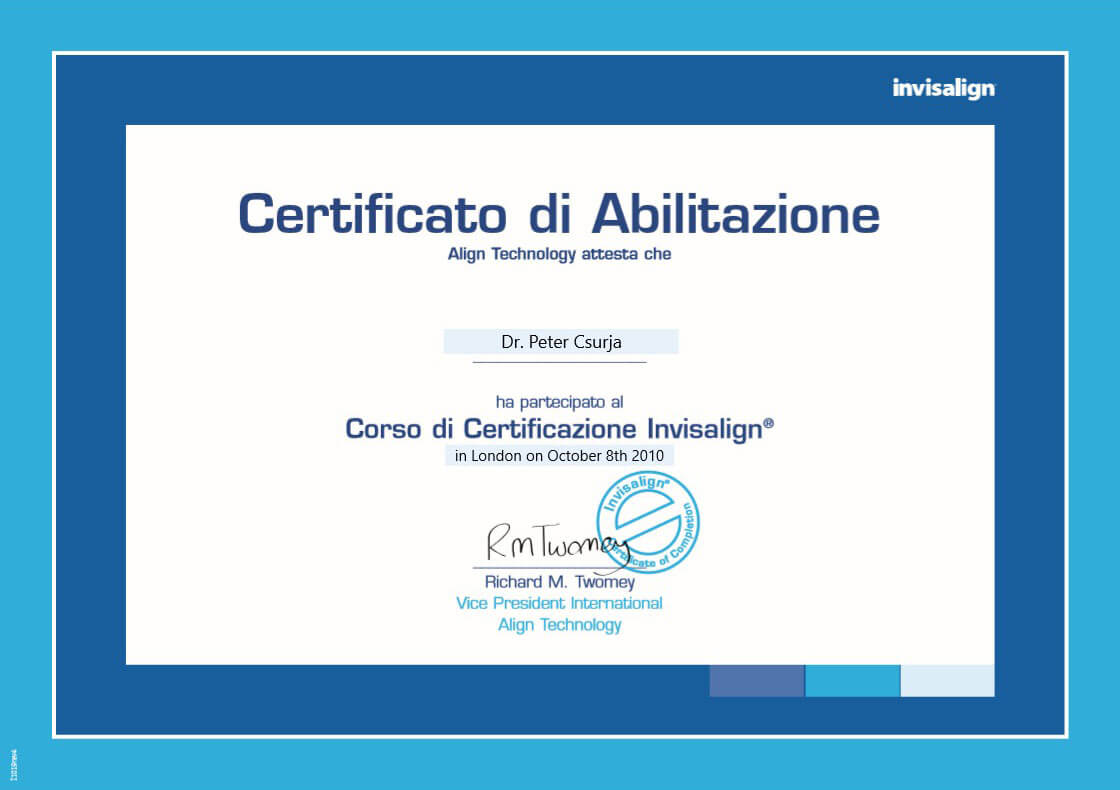 Invisalign Certificato di Abilitazione - Dr. Peter CSURJA